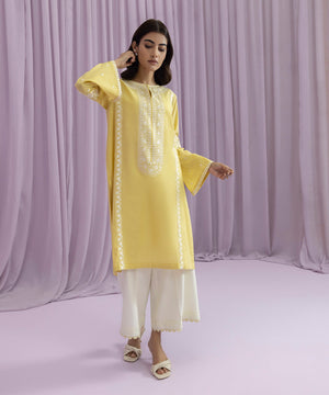 Womens Eid Pret Yellow Embroidered Textured Cotton Shirt