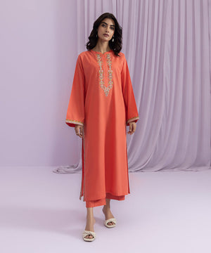 Womens Eid Pret Red Embroidered Textured Cotton Shirt