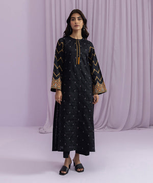 Womens Eid Pret Black Embroidered Self Jacquard Shirt