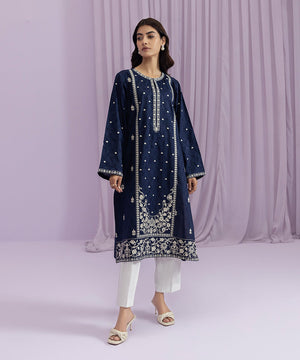 Womens Eid Pret Blue Embroidered Self Jacquard Shirt