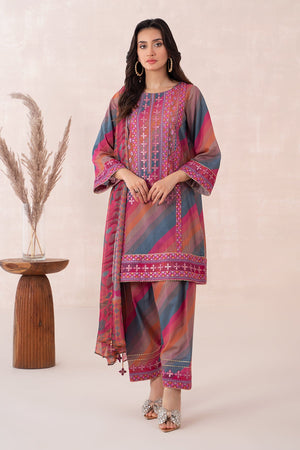 3-PC Unstitched Embroidered Lawn Shirt with Chiffon Dupatta and Trouser CS3-08