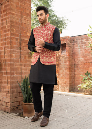 Red Embroided Waistcoat on Black - 3 Piece