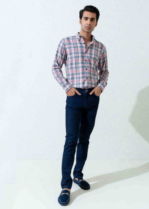 PINK & NAVY CHECKERED FLANNEL SHIRT WITH ELBOW PATCH