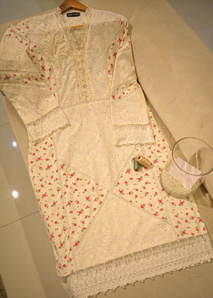 Kiran Faheem - Milk white chicken and printed arabic lawn shirt. (1pcs)