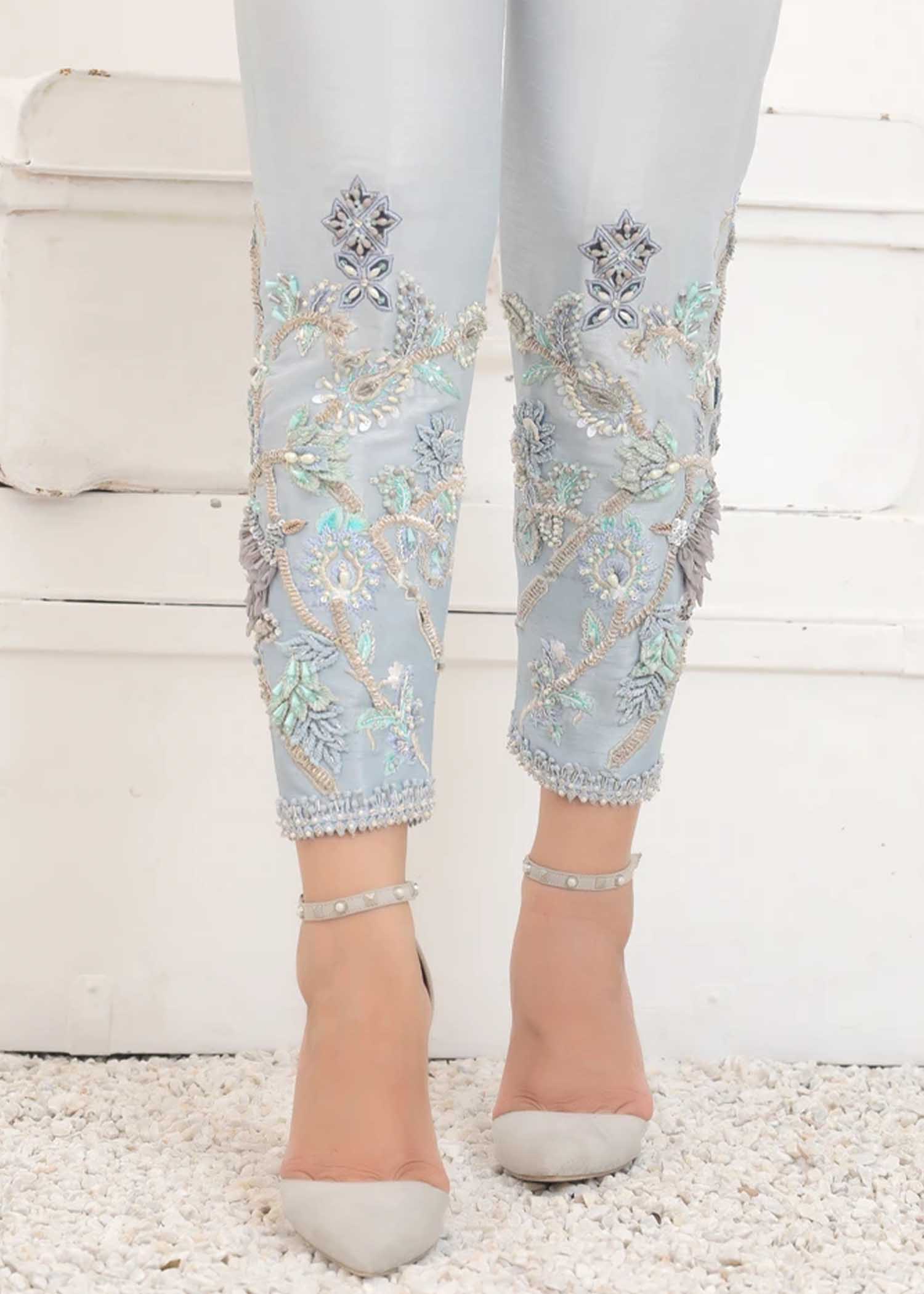 Grey 3D Embroidered  Embellished Trousers  Fashion Clothes for women  Formal pants