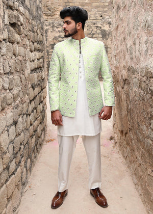 Zar - White Cotton Silk Kurta Set with Mint Embroidered Jamawar Prince coat