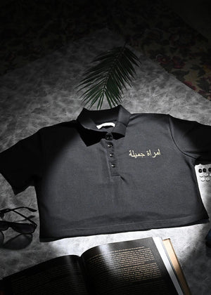 WW - Black Arabic Embroidered Crop Polo | Crop Tops