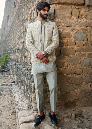Zar - Grey Raw Silk Kurta set  with Embroidered Atlas  Prince Coat