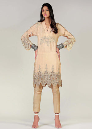 Beige Madubani lace work kurta