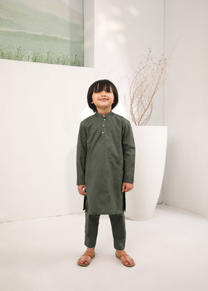 Army Green Embroidered Cotton Kurta Trouser - Kids - 2PC