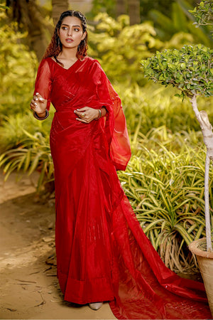 Organza Luxury Saree - Ruby Woo Red | TITLIYAN | SR202117