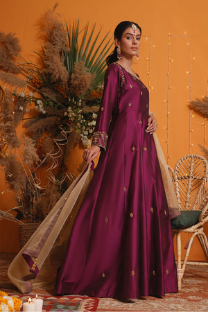 Sana's - Handwork Embroidered Lychee Silk Long Maxi | MEHRU | M202154