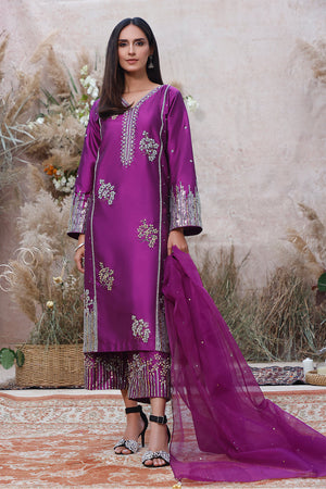 Sana's - Handwork Embroidered Lychee Silk 3pc Suit | MEHRU | S202159