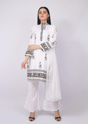 FashionPorters - Unstitched 3 Piece Block Printed Cotton Lawn Bright White Suit SUS22-RY11