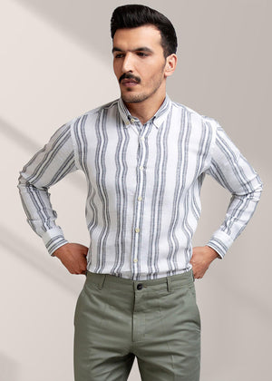 Brumano - White & Grey Striped 100% Linen Shirt