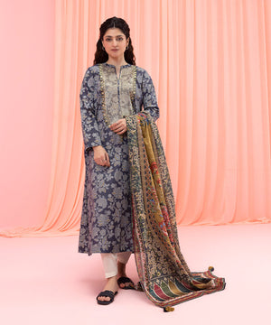 Womens Eid Blue Embroidered Zari Cotton Dupatta