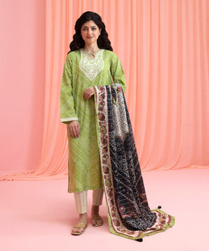 Womens Eid Green Embroidered Zari Cotton Dupatta