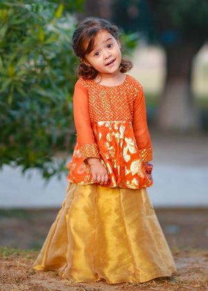 Canvas Kids - Orange Frock with Golden Lehnga ORNGGOLD-005