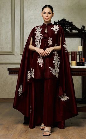 Embroidered Cape With Trouser - 8725 - Maroon