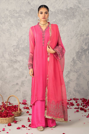 3-PC Embroidered Poly Net Shirt with Net Dupatta and Trouser CMA22-56 (PINK)