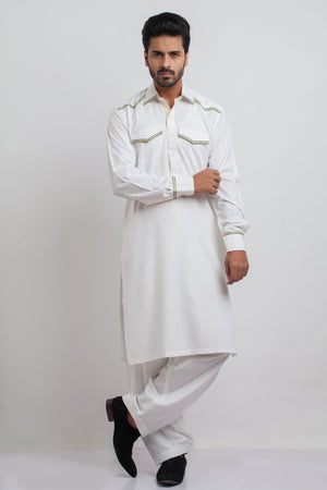 Basics by A.I - White shalwar kameez with yellow ribbon detail