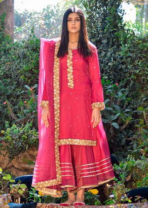 Kiran Faheem - Fuchsia pink and gold sharara set (3 pcs )