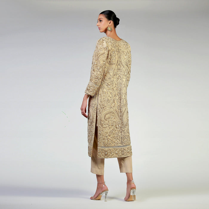 Dori Work & Pearl Embellished Dull Gold Sublime Coat
