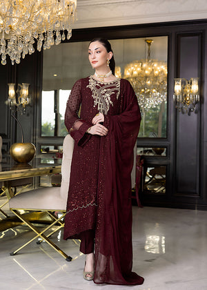 Rose Wood - Merakish Embroidered Chiffon Unstitched 3Pc Suit