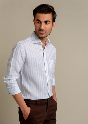 Brumano - Sky Blue & White Striped 100% Linen Shirt