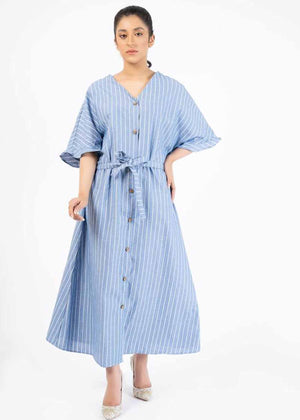 BELTED FRONT BUTTON MAXI DRESS - BLUE WHITE PINSTRIPE