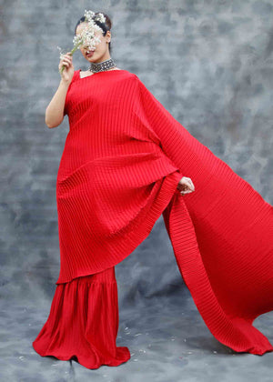 Pleated Red Saree Luxe