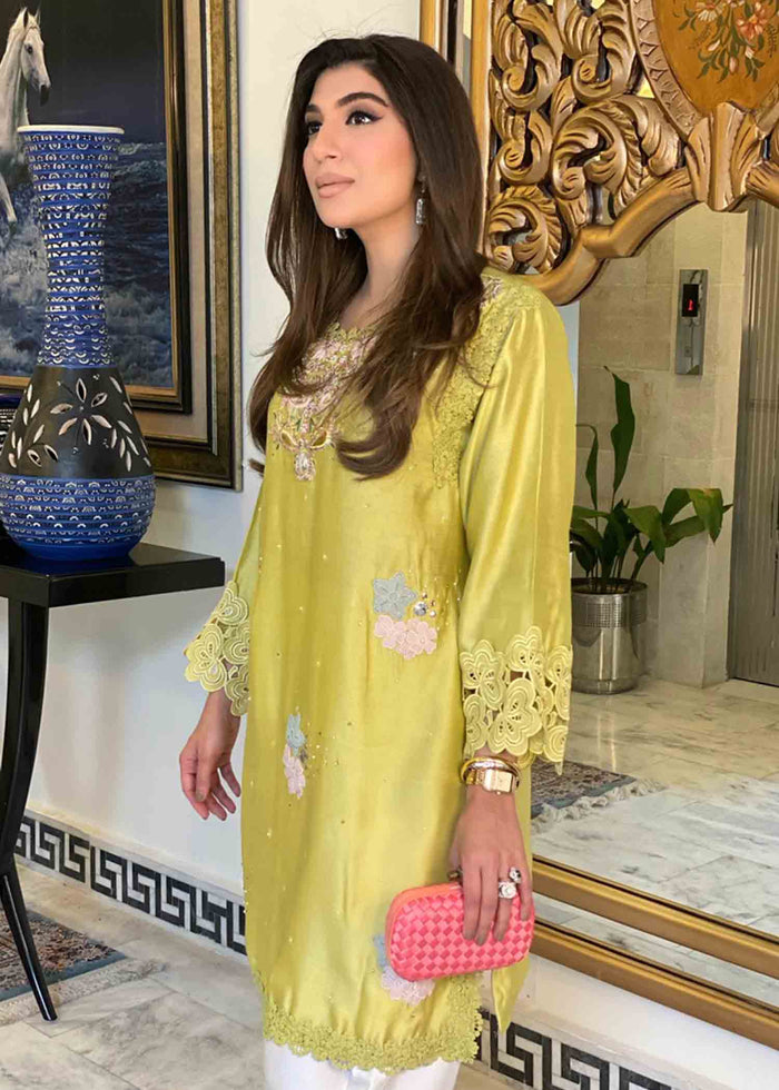 Yellow Handworked Tunic With Pure Rawsilk Shalwar