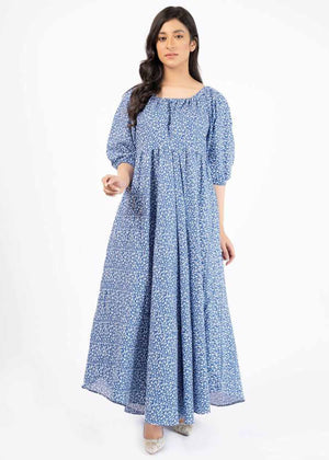 Puff Sleeve Pleated Maxi Dress - blue white floral