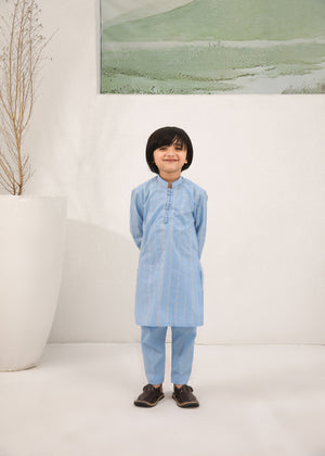 Sky Blue Embroidered Cotton Kurta Trouser - Kids - 2PC