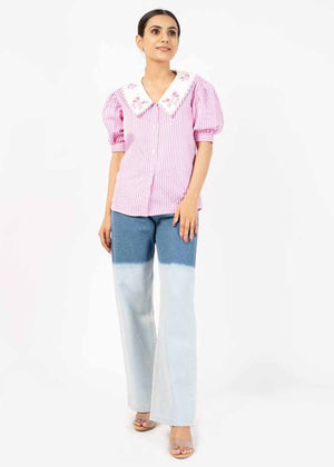 PETER PAN COLLAR TOP w SHORT SLEEVE - PINK WHITE GINGHAM CHECK