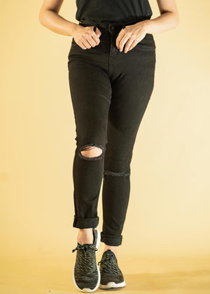 Denimic Jeans - Black – High Rise Super Skinny – Knee Cut