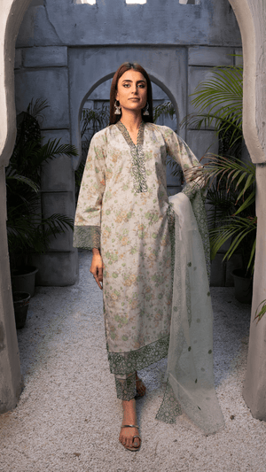 Green Printed Raw Silk 3pc Suit