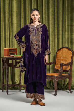 3-PC Embroidered Velvet Shirt with Embroidered Pouch and Qlot Trouser VVT22-06 A