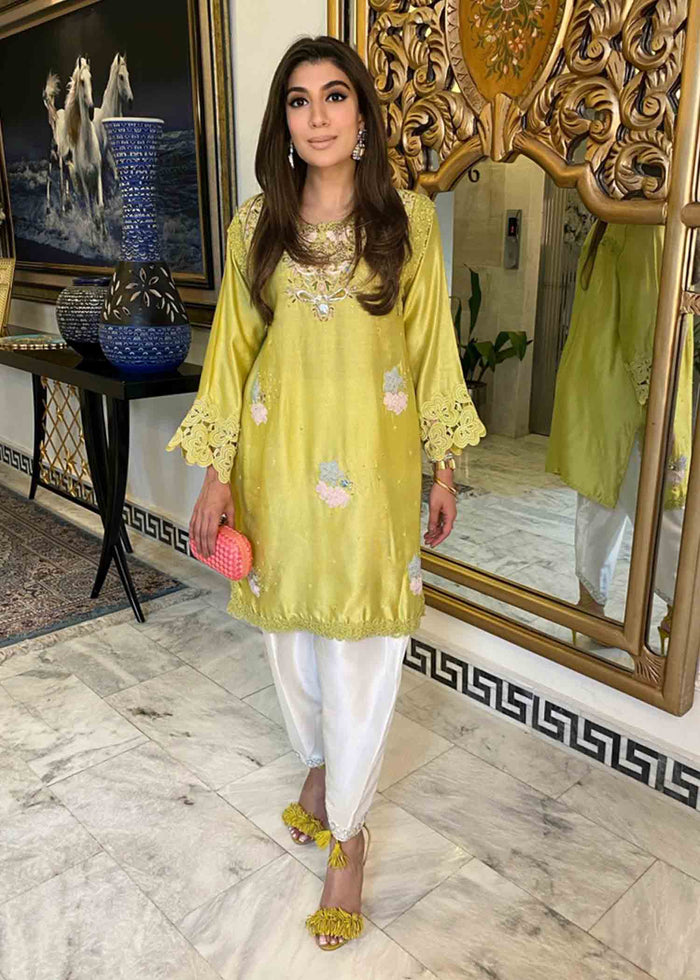 Yellow Handworked Tunic With Pure Rawsilk Shalwar