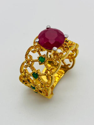 Red, Green, Gold Ruby, Emerald Ring