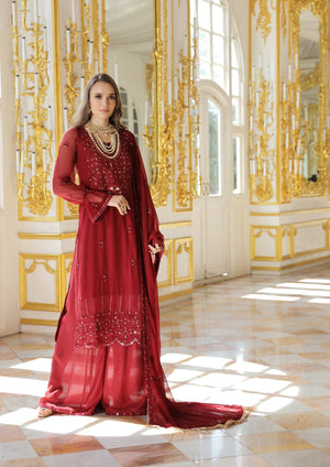 Ruby Red – Embroidered Chiffon Unstitched 3Pc Suit