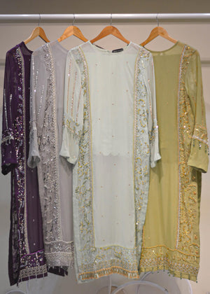 Kiran Faheem -  Pure chiffon shirt with a mix of plain and embroidered fabrics - Mint green(3 Pcs)