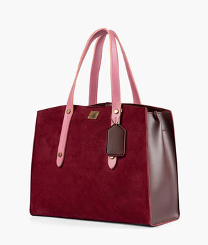 Burgundy suede with pink multi compartment satchel bag