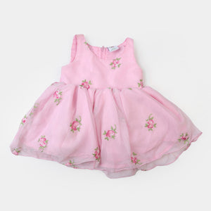Infant Girls Net Fancy Frock Embroidered - Baby Pink