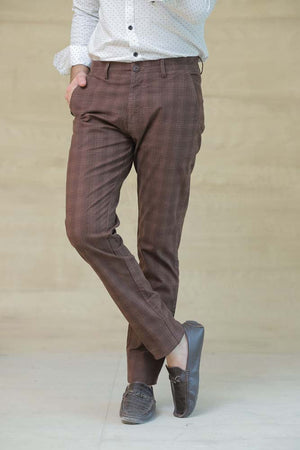 CHECK PRINTED BROWN COTTON PANT