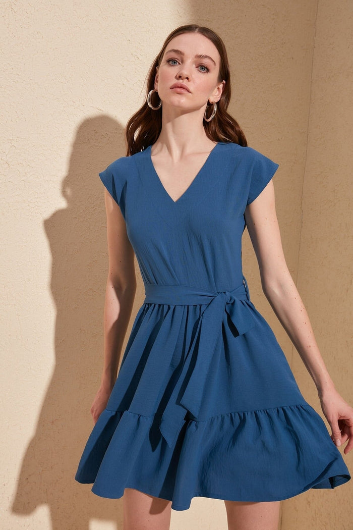 Ace Attire - Belted Plain Tile Dress - Indigo Blue