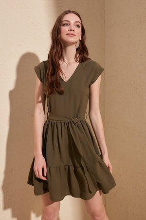 Ace Attire - Belted Plain Tile Dress - Khaki Green