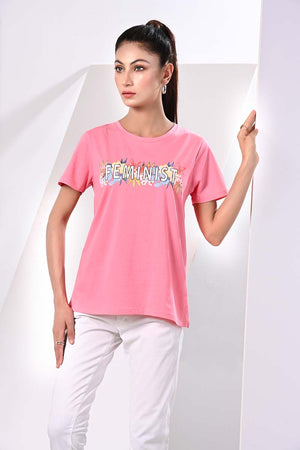 ChenOne - KNITTED T-SHIRT PINK LDS-A1599
