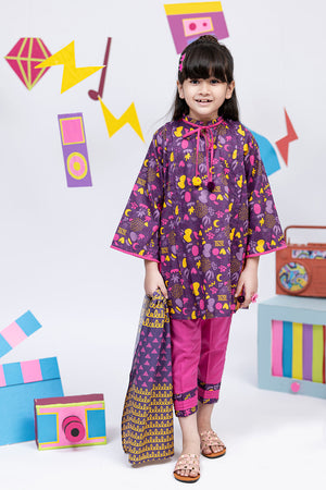 Senorita - Casual 3 Piece Suit | Cotton Cambric Print | Purple & Multicolor | KAD-01834
