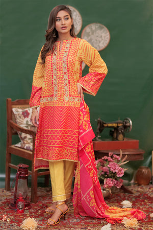 SENORITA - Casual 3 Piece Suit | Cotton Lawn Print | Shocking Pink & Yellow | LAD-01976